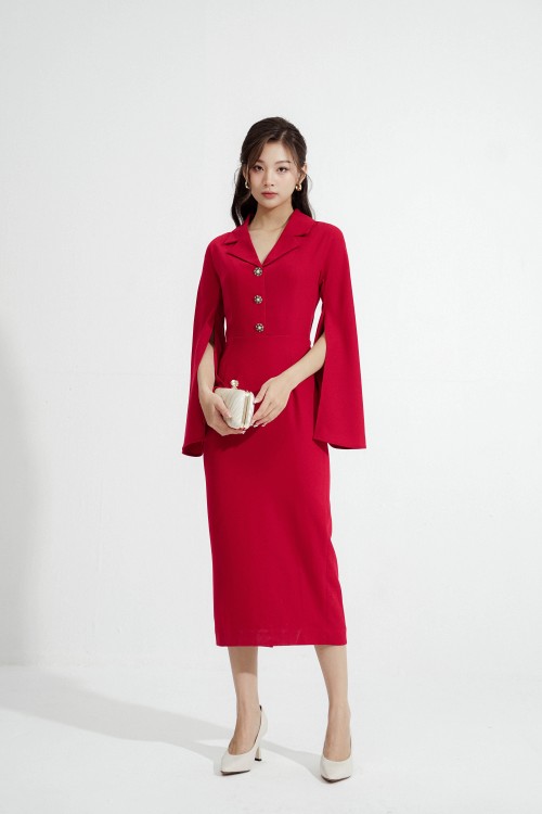 Sixdo Dark Red Slit Sleeves Midi Woven Dress