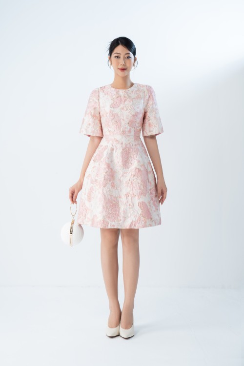 Sixdo Pink Floral Mini Brocade Dress