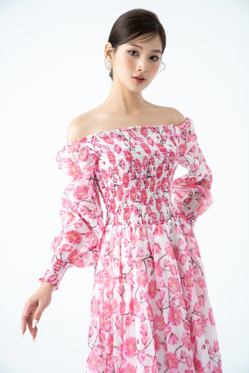 Sixdo Pink Apricot Blossom Off-shoulder Midi Dress