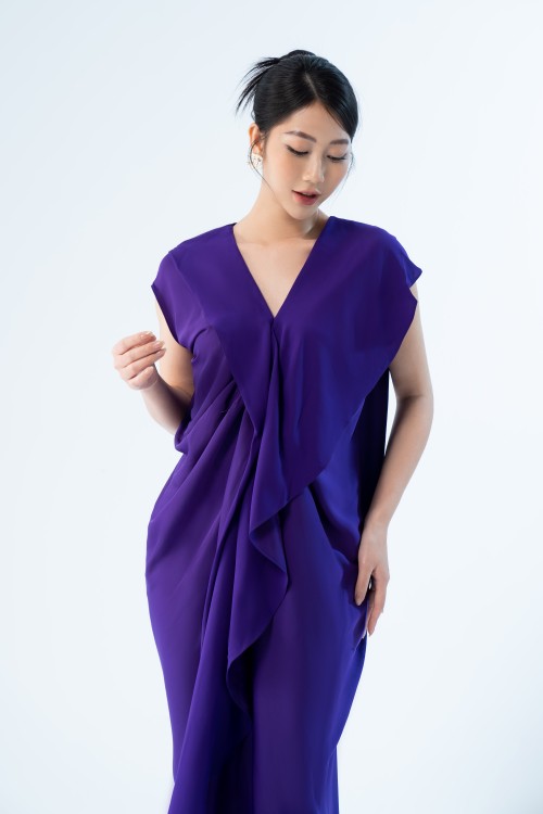 Sixdo Purple V-neck Midi Silk Dress