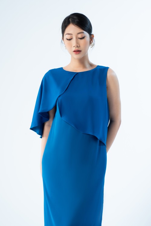 Sixdo Dark Blue Midi Silk Dress