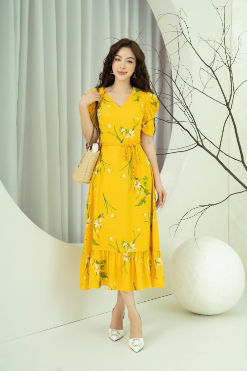 Váy Đầm - Yellow Floral Midi Chiffon Dress