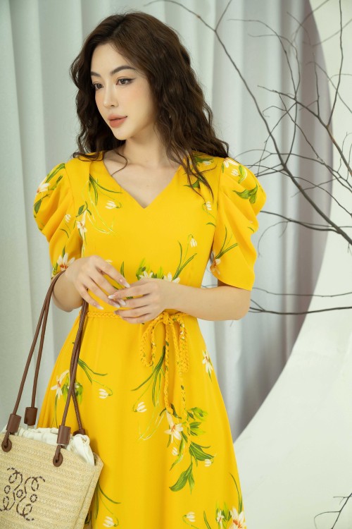 Váy Đầm - Yellow Floral Midi Chiffon Dress