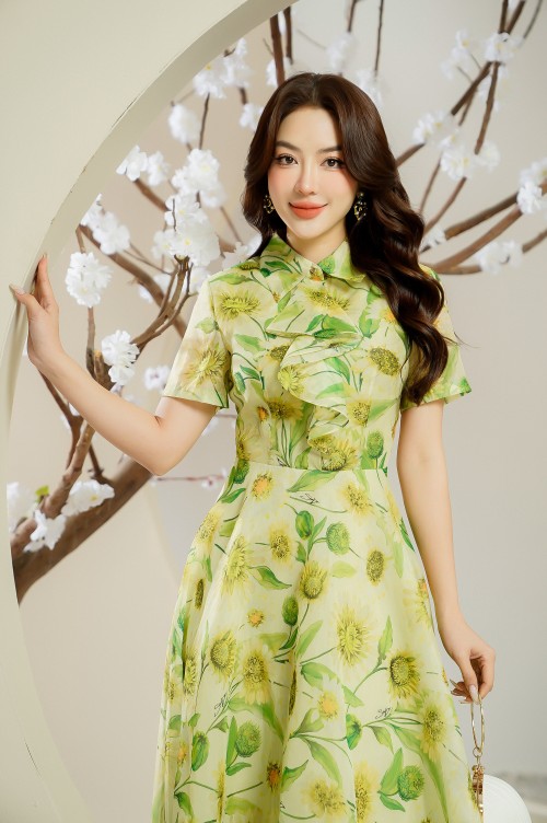 Sixdo Lime Floral Organza Midi Dress