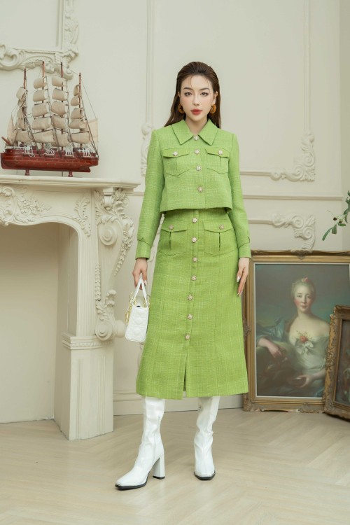 Green Nuggets Midi Tweed Skirt