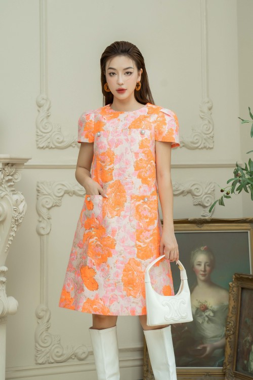 Orange Rose Midi Brocade Dress