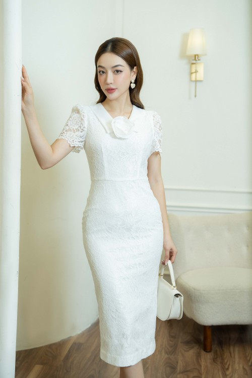 White Midi Lace Dress With Flower