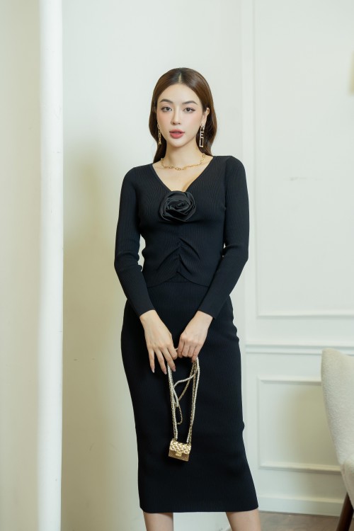 Black Knit Top And Skirt Set