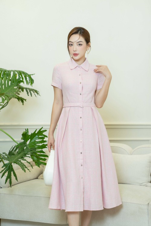 Light Pink Check Midi Woven Dress