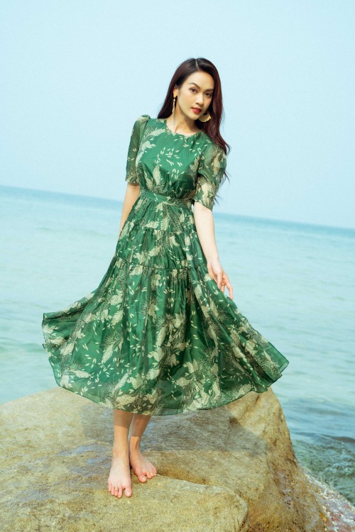 Green Floral Short Sleeves Midi Dress