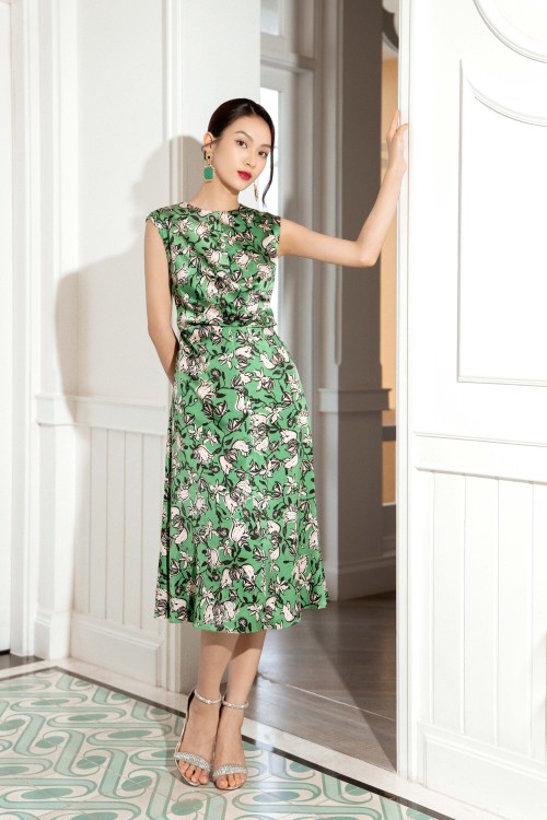 Green Floral Sleeveless Midi Silk Dress