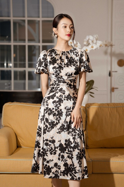 Beige Floral Puff-sleeves Midi Silk Dress