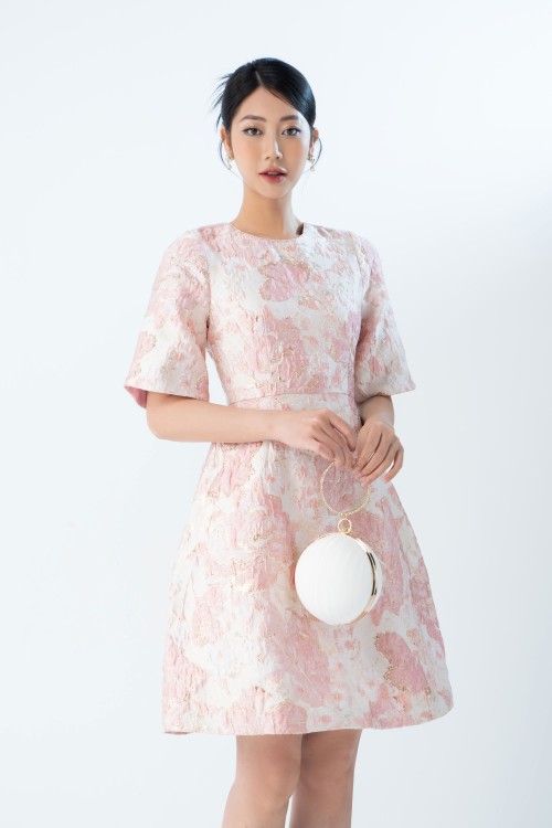 Pink Floral Mini Brocade Dress
