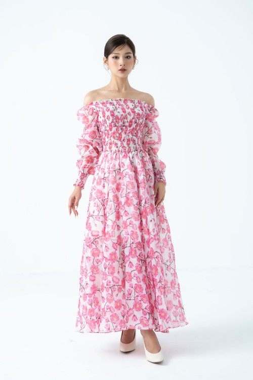 Pink Apricot Blossom Off-shoulder Midi Dress