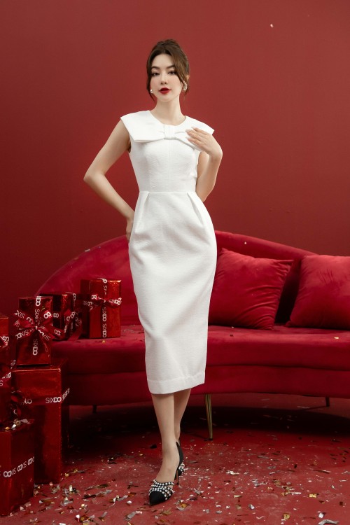 White Bowtie Midi Woven Dress