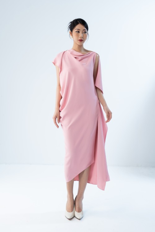 Pink Split -side Midi Silk Dress