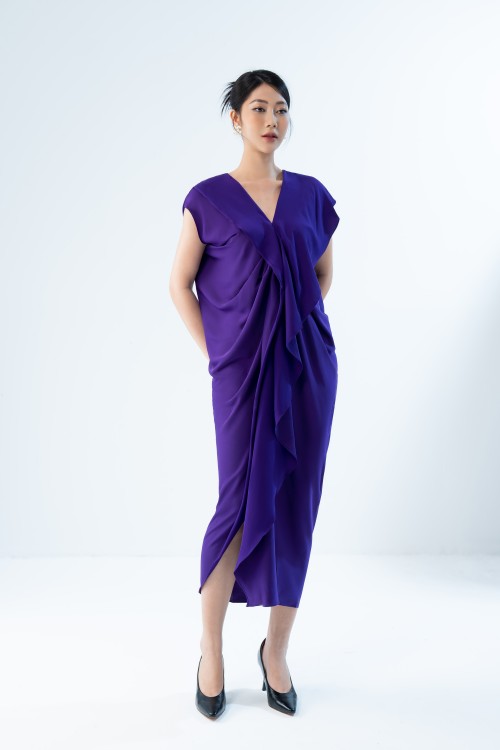 Purple V-neck Midi Silk Dress