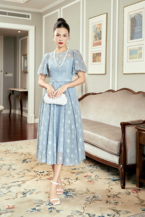 Blue-grey Floral Midi Lace Dress