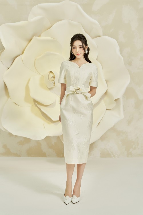Cream Floral Midi Brocade Dress