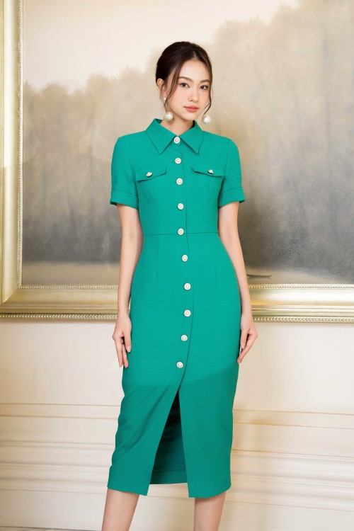 Green Split-front Midi Raw Dress