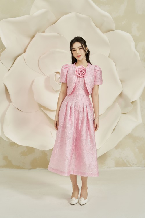 Pink Brocade Dress And Vest Set With Flower