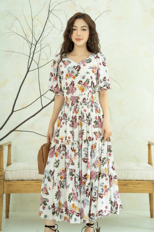 Cream Floral Midi Chiffon Dress