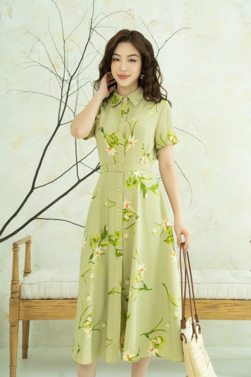 Light Green Floral Midi Woven Dress