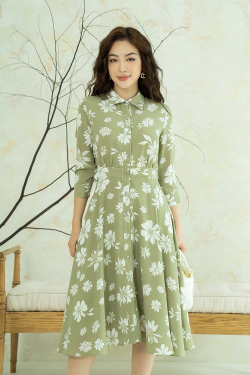 Olive Floral Midi Silk Dress