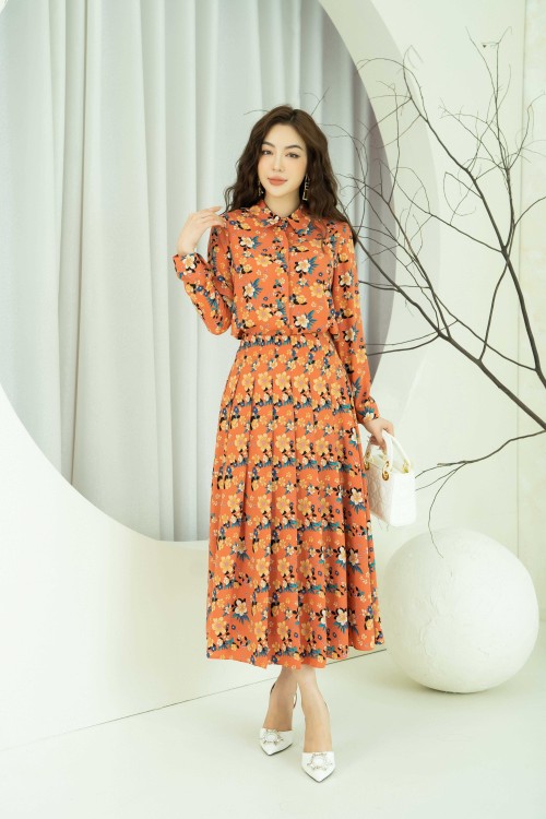 Orange Floral Pleated Midi Silk Skirt