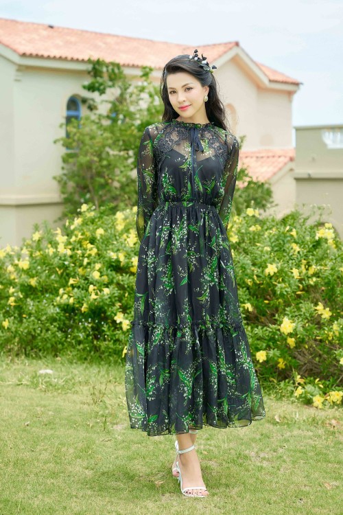 Black Floral Midi Voile Dress