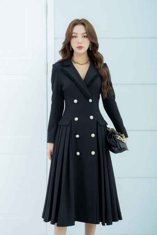 Black Coat Midi Raw Dress