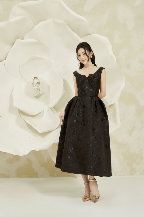 Black Midi Brocade Dress