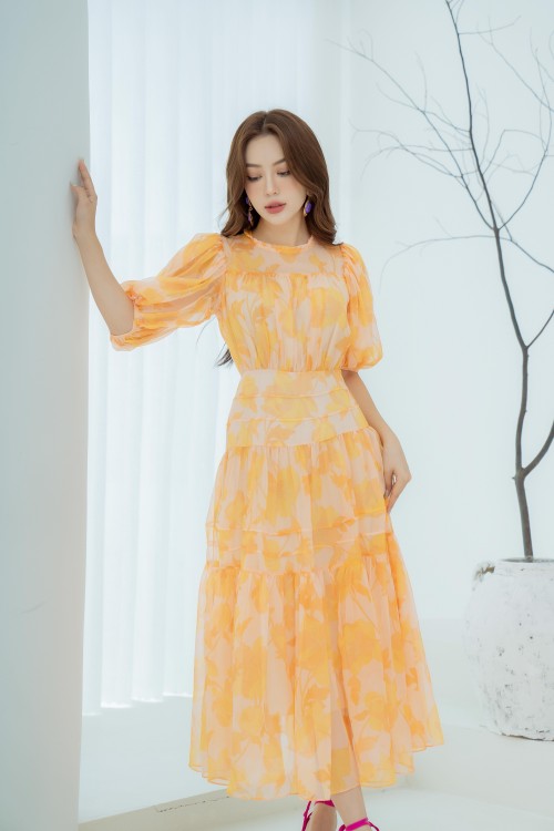 Yellow Floral Puff-Sleeves Midi Voile Dress