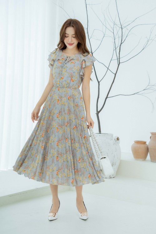 Grey Floral Maxi Chiffon Dress