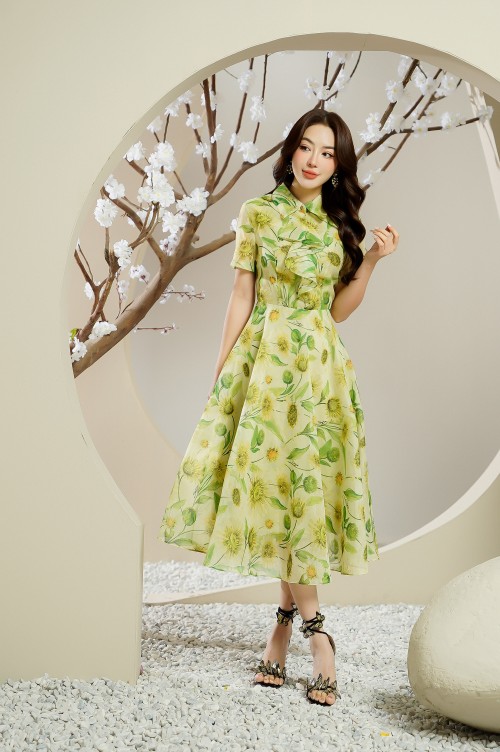 Lime Floral Organza Midi Dress