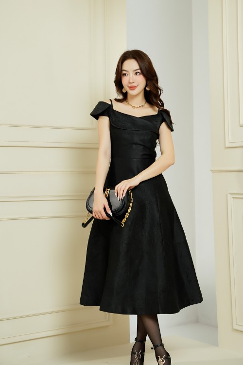 Black Midi Brocade Dress 1