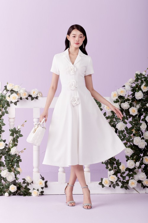 White Revers Collar Midi Woven Dress