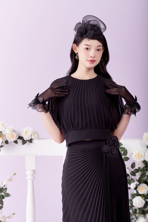 Black Pleated Voile Top