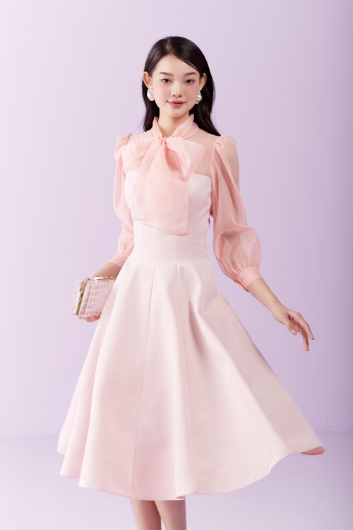 Light Pink Bowtie Midi Taffeta Dress