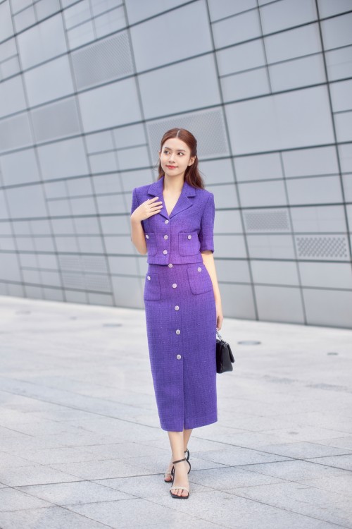 Purple Straight Midi Tweed Skirt