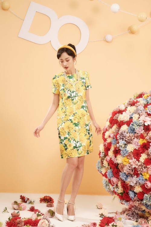 Yellow Chrysanthemum Mini Dress