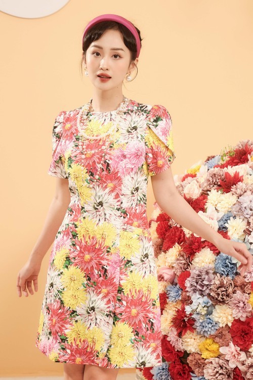 Multi-coloured Chrysanthemum Mini Dress