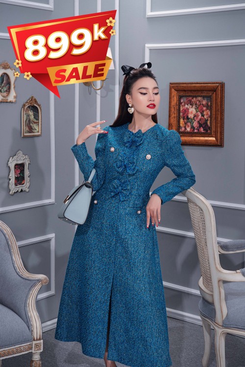 Blue Midi Tweed Dress