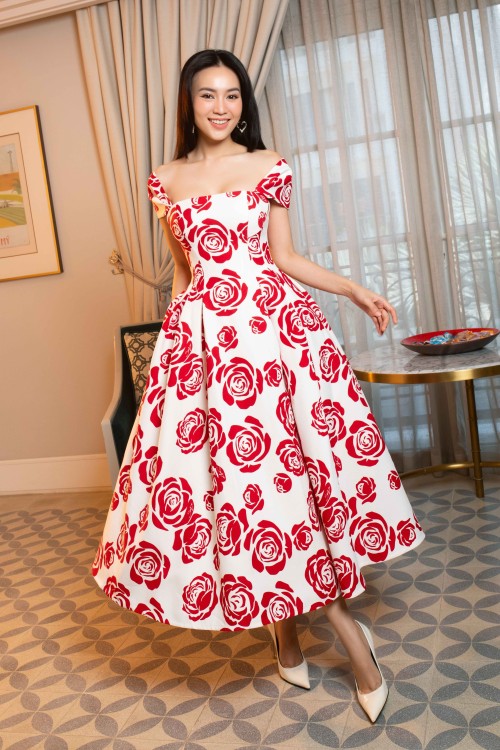White With Red Rose Midi Raw Dress