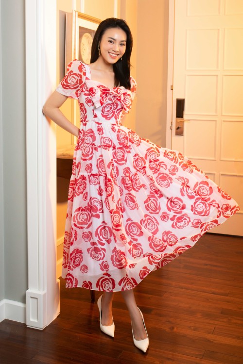 White With Red Rose Midi Dress
