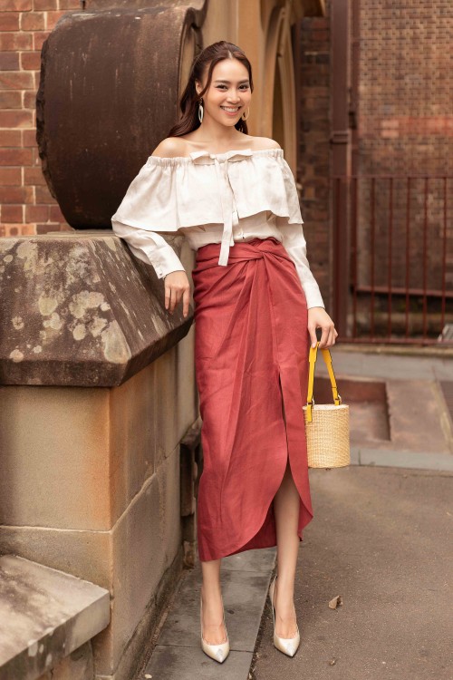 Brick Split-side Midi Linen Skirt