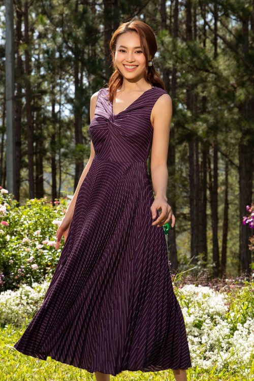 Dark Purple Sripe Midi Woven Dress