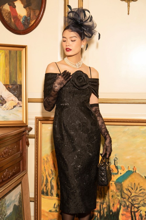 Black Sheath Midi Brocade Dress In Deep Collection