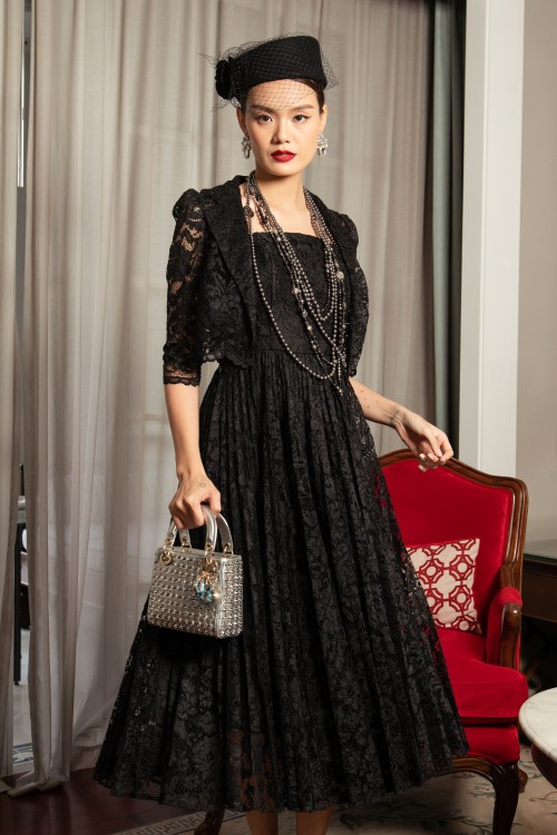 Black Lace Dress And Vest Set In Deep Collection