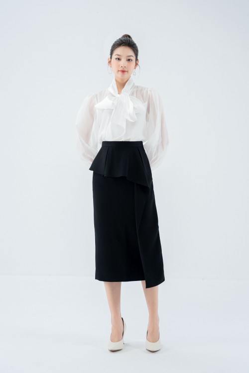 Black Peplum Midi Woven Skirt (Chân váy)